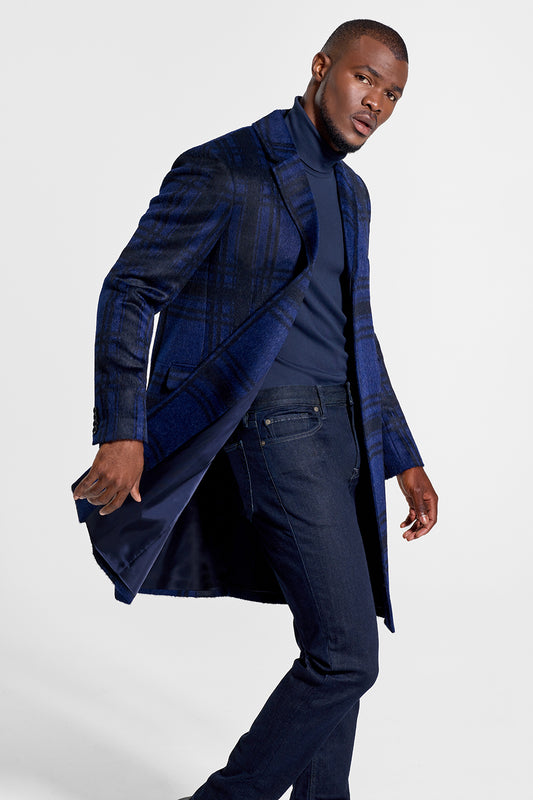 Sentaler Technical Suri Alpaca Notched Lapel Overcoat featured in Technical Suri Alpaca and available in Navy Plaid. Seen from side open on model.