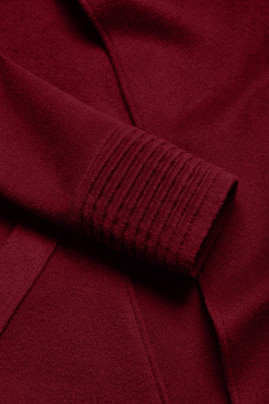 Sentaler Mid Length Shawl Collar Wrap Coat featured in Baby Alpaca and available in Garnet Red. Seen fabric up close.