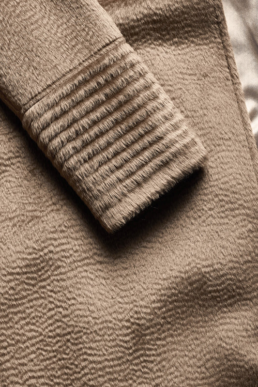 Sentaler Suri Alpaca Long Notched Collar Wrap Coat featured in Suri Alpaca and available in Hazelnut. Seen fabric up close.