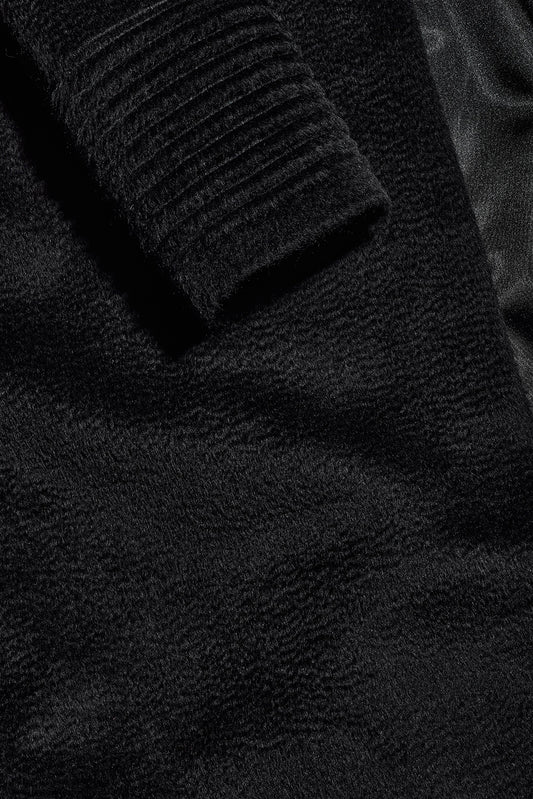 Sentaler Suri Alpaca Long Shawl Collar Wrap Coat featured in Suri Alpaca and available in Black. Seen fabric up close.