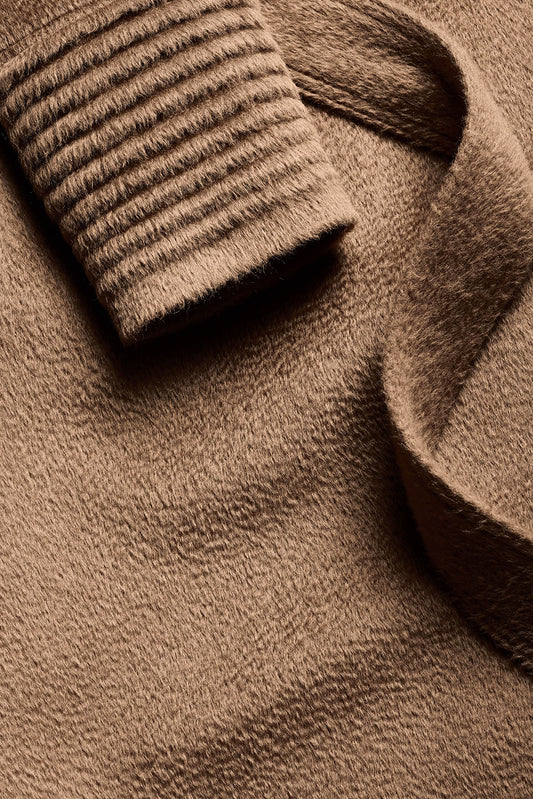 Sentaler Suri Alpaca Long Shawl Collar Wrap Coat featured in Suri Alpaca and available in Dark Camel. Seen fabric up close.