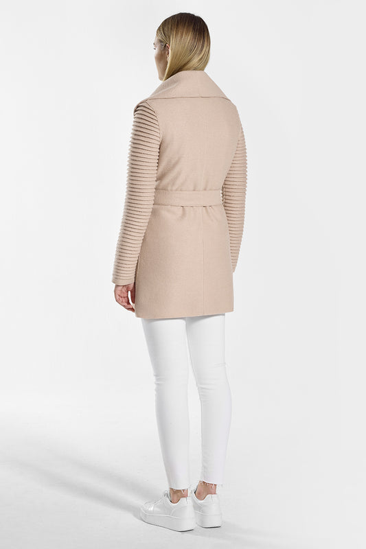Sentaler Wrap Coat with Ribbed Sleeves featured in Superfine Alpaca and available in Chamois. Seen from back on model.