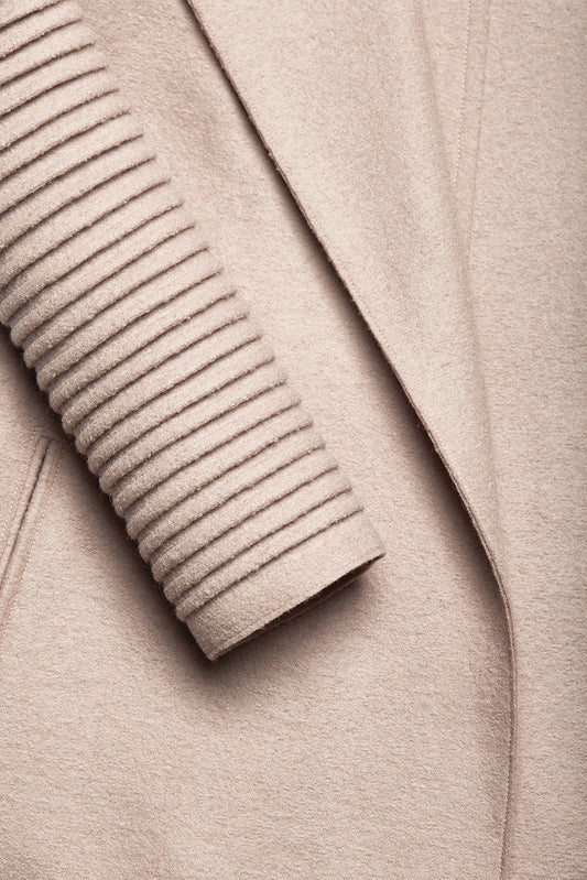 Sentaler Wrap Coat with Ribbed Sleeves featured in Superfine Alpaca and available in Chamois. Seen as fabric close up.