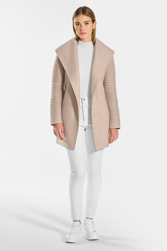 Sentaler Wrap Coat with Ribbed Sleeves featured in Superfine Alpaca and available in Chamois. Seen from front open on model.