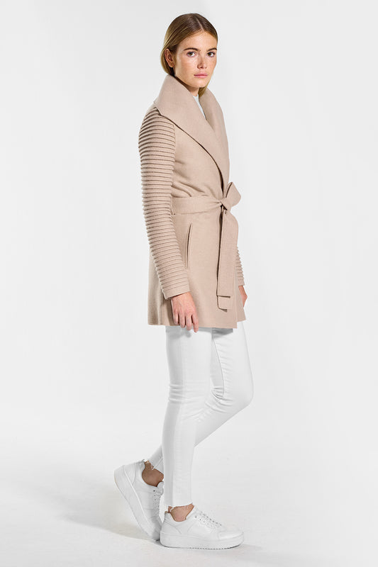 Sentaler Wrap Coat with Ribbed Sleeves featured in Superfine Alpaca and available in Chamois. Seen from side on model.